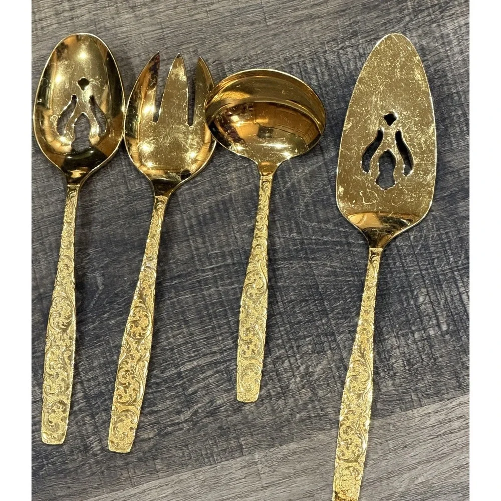 Vtg. Americana Golden Heritage Golden Scroll Serving Set 4 Piece Gold Plated MCM